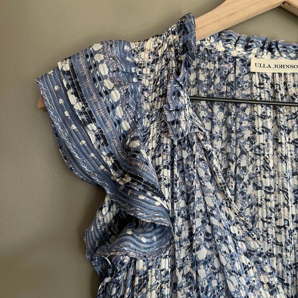 Ulla Johnson Nyssa Dress Sky Blue Silk Size 2 Ruffles Metallic Smocked Chic Boho - Picture 8 of 16